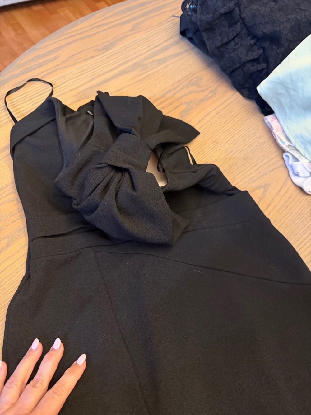 Black homecoming dress with bow on shoulder